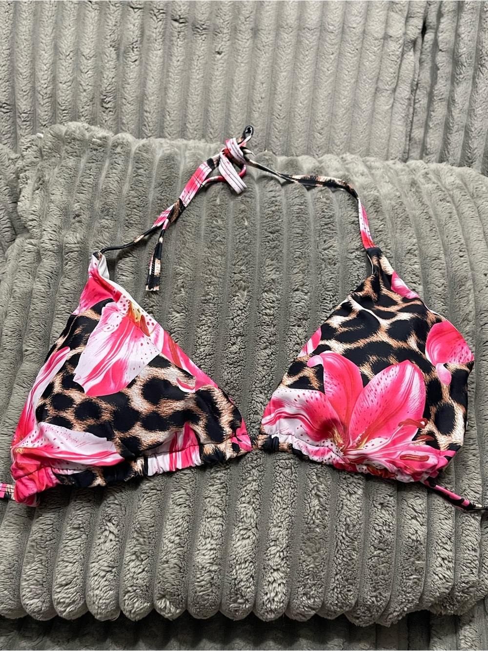 SHEIN Pink Floral & Leopard Print Triangle Bikini Top Set of Two